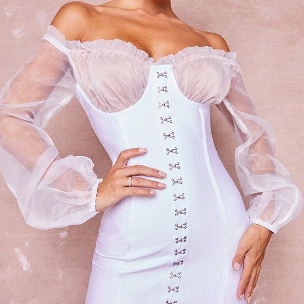 White Bandage Chiffon Hook and Eye Bardot Bodycon